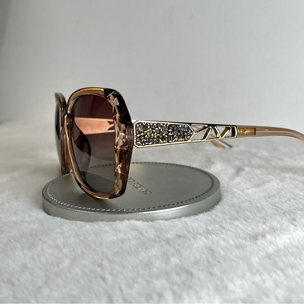 Brown & Gold Oversized Square Sunglasses Polarized Tinted w Crystal Frames Nwt - Picture 7 of 11
